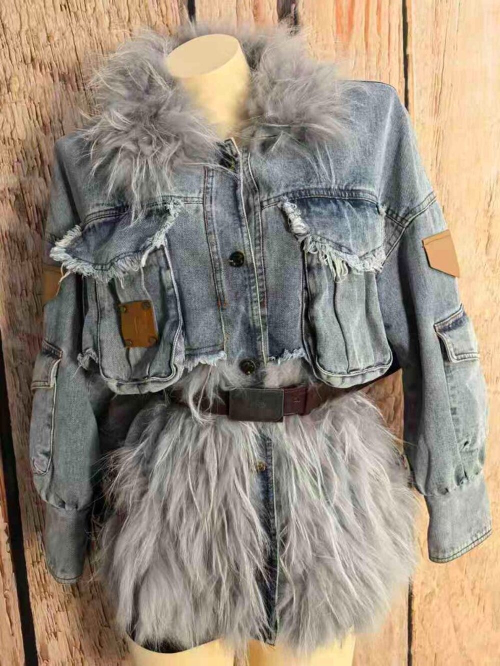 Denim & Real Raccoon Fur 2-in-1 Cropped Jacket Holiday Statement Coat